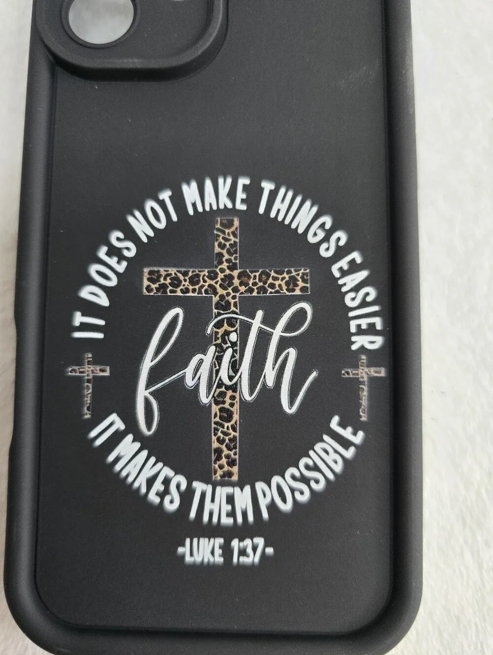For IPhone 16 Plus Faith Luke 1:37 Leopard Cross Black Protective Phone Case New